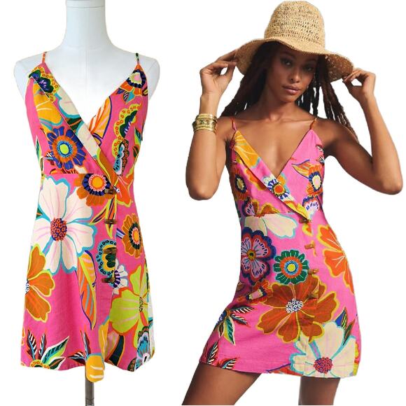 FARM RIO Pink Linen-blend Floral Garden Mini Wrap Dress Small Beachy Boho - Picture 14 of 14